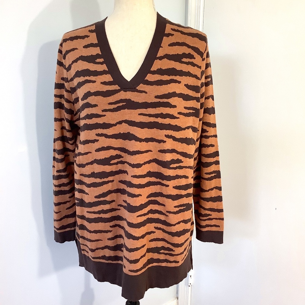LANDS 'END WOMAN SIZE L/P 14-16 100% COTTON V-NECK BROWN ABSTRACT ZEBRA SWEATER